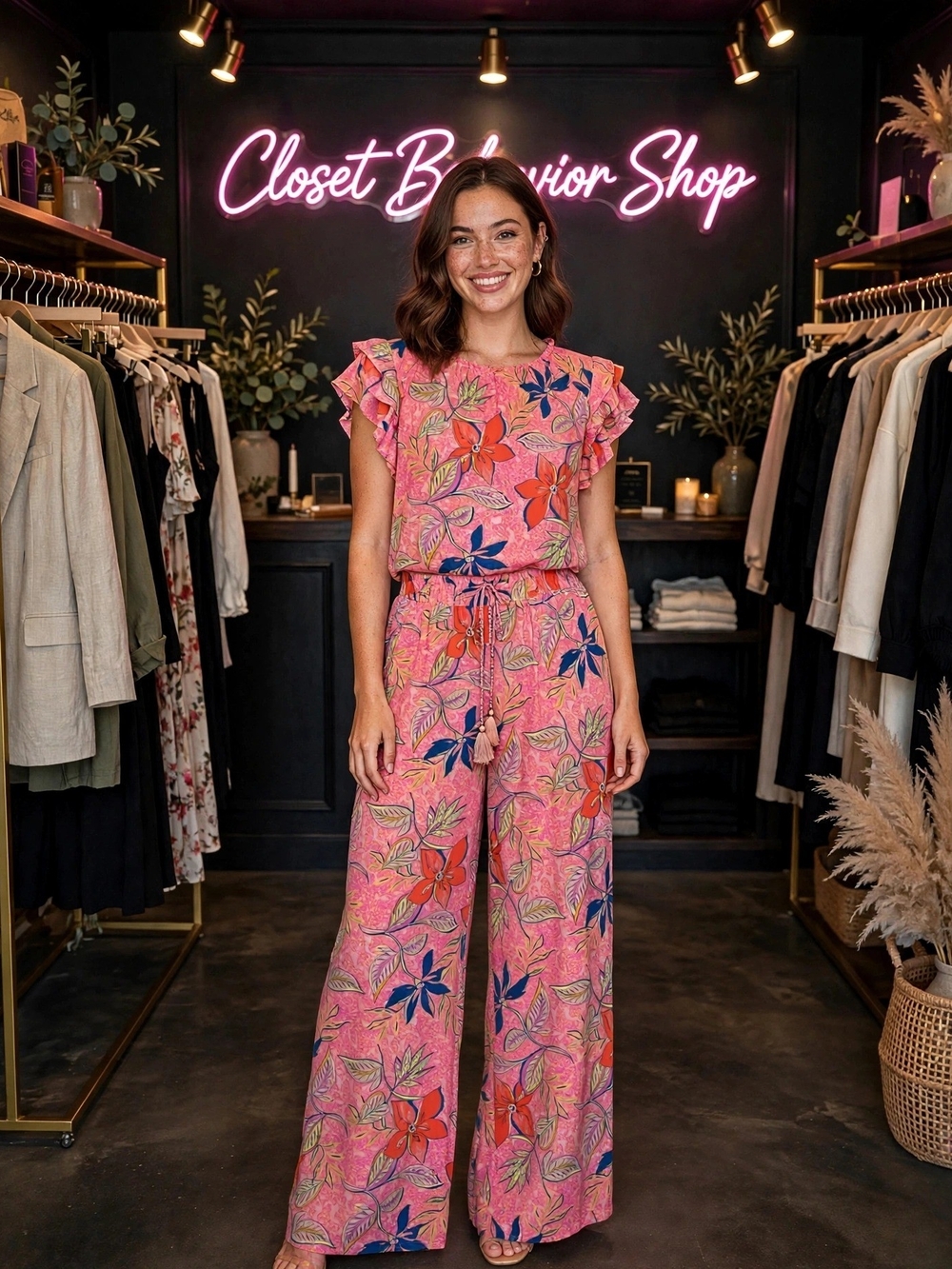 Women's Pink Floral Wide-Leg Pants Set